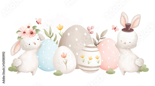 Watercolor Illustration Easter rabbit and Easter egg in the garden