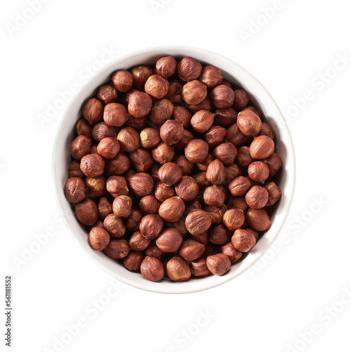 Hazelnut in a wooden bowl. Nut hazelnuts in a wooden bowl isolated on white background
