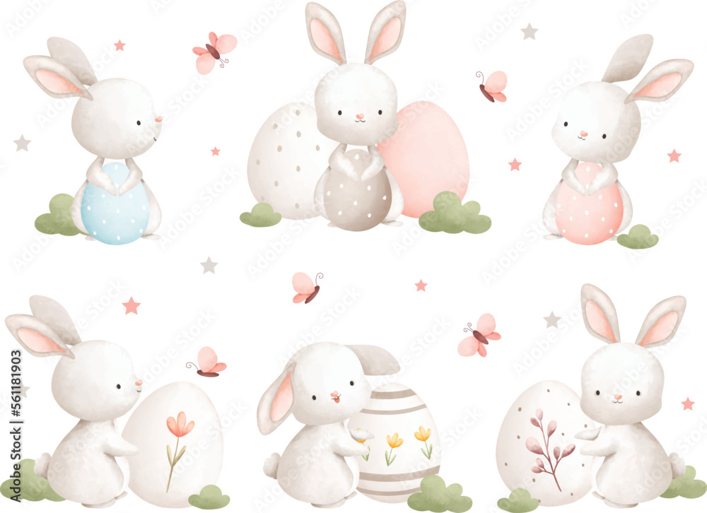 Watercolor Illustration set of Easter rabbit and Easter egg Watercolor Illustration set of Easter rabbit and Easter egg