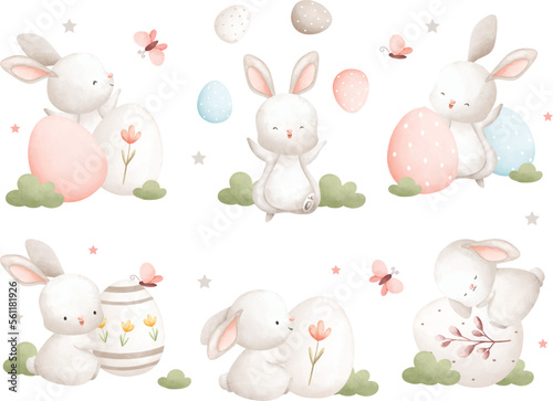 Watercolor Illustration set of Easter rabbit and Easter egg