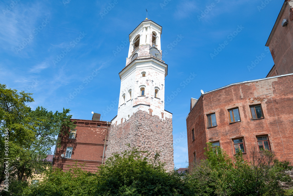 View of the ancient Clock Tower on a sunny summer day. Vyborg. Leningrad region, Russia