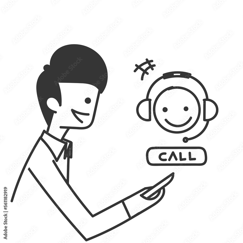 hand drawn doodle call customer support on mobile phone illustration vector