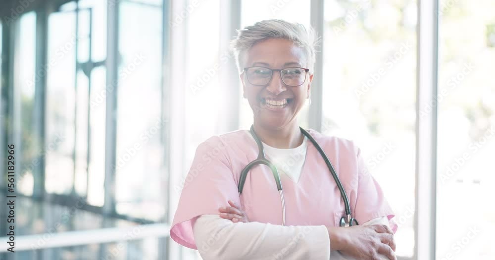 Laughing healthcare worker, face or arms crossed nurse with pediatric hospital ideas or life insurance vision. Mature portrait, happy smile or medical woman with medical wellness goals or motivation Laughing healthcare worker, face or arms crossed nurse with pediatric hospital ideas or life insurance vision. Mature portrait, happy smile or medical woman with medical wellness goals or motivation