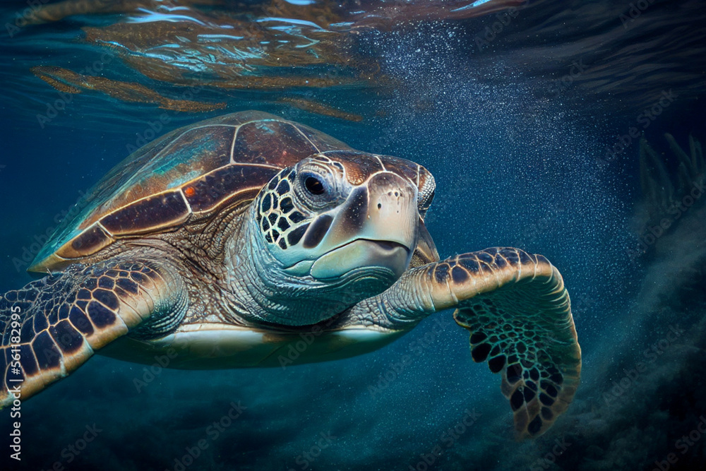 Fototapeta premium a turtle swimming under the sea With Generative AI