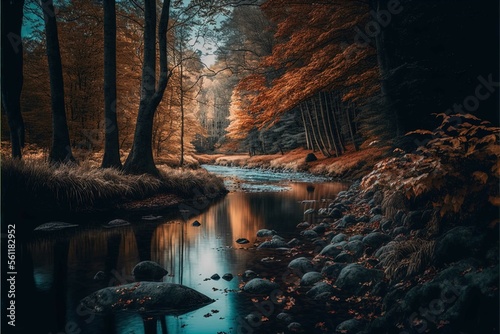 Serene Shot of a Forest in Autumn with a River Running Through It  Ideal for Environmental and Conservation Campaigns