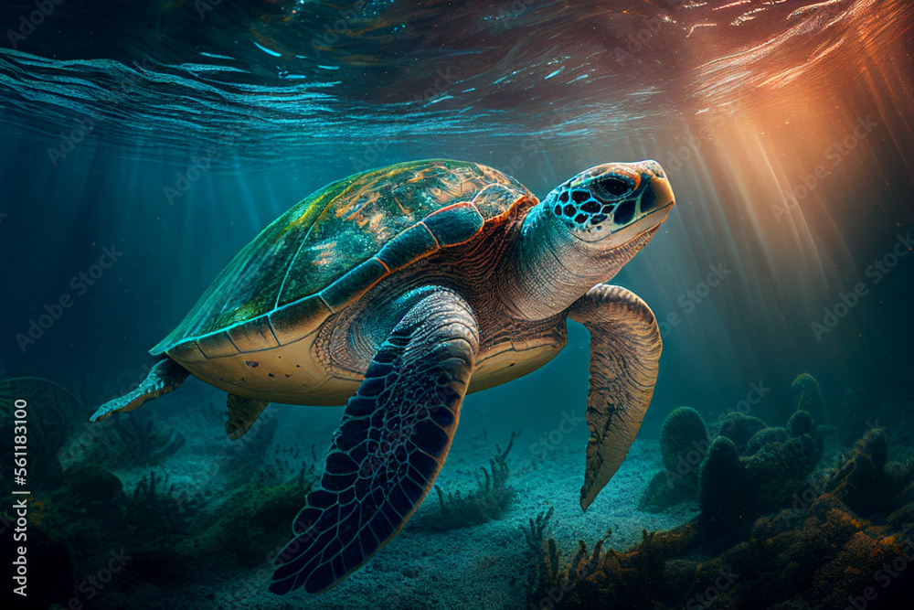 Fototapeta premium a turtle swimming under the sea, coral, light shines through the sea With Generative AI