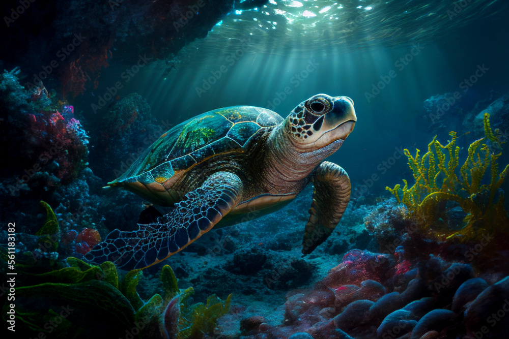 Fototapeta premium a turtle swimming under the sea, coral, light shines through the sea With Generative AI