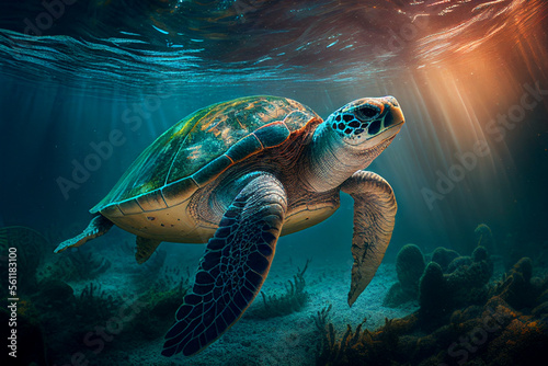 a turtle swimming under the sea, coral, light shines through the sea With Generative AI