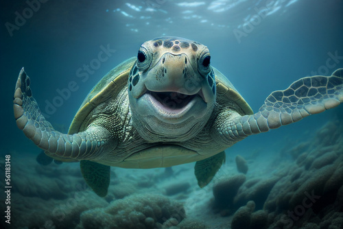 a turtle smile swimming under the sea, With Generative AI