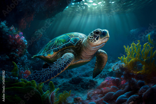 a turtle swimming under the sea, coral, light shines through the sea With Generative AI