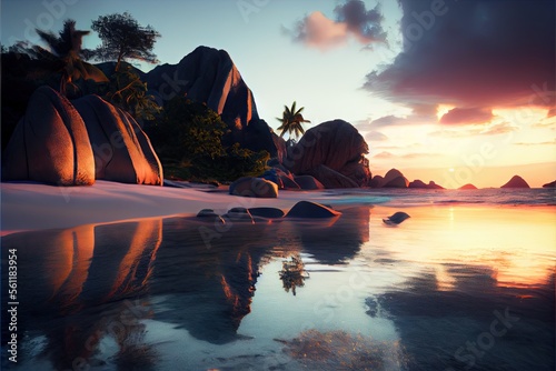 Anse Source D' Argent, Seychelles beach at sunset photo