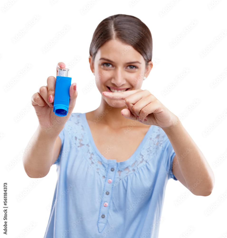 Woman, asthma pump and smile pointing inhaler for medical solution, respiratory or breathing against white studio background. Portrait of isolated female holding puffer to breathe, allergy or relief Woman, asthma pump and smile pointing inhaler for medical solution, respiratory or breathing against white studio background. Portrait of isolated female holding puffer to breathe, allergy or relief