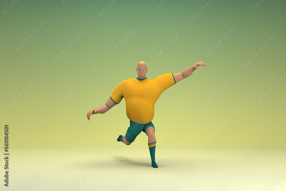 An athlete wearing a yellow shirt and green pants. He is doing exercise. 3d rendering of cartoon character in acting. An athlete wearing a yellow shirt and green pants. He is doing exercise. 3d rendering of cartoon character in acting.
