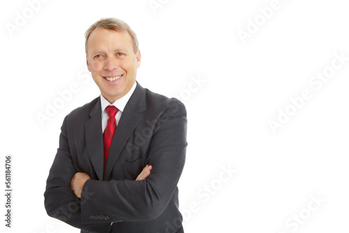 Arms crossed, face portrait and business man in studio isolated on a white background mockup. Boss, ceo and mature, proud and happy male employee from Canada with vision, mission or success mindset.