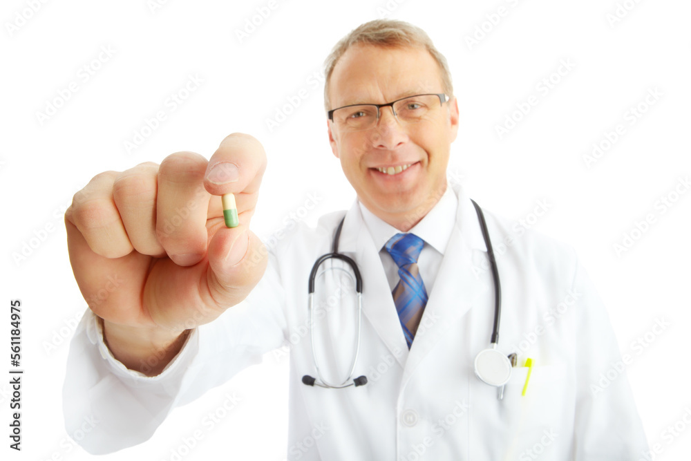 Face, doctor and man with pills in studio isolated on a white background. Portrait, healthcare and happy medical worker, pharmacist and mature male holding drug medicine, medication or capsule remedy Face, doctor and man with pills in studio isolated on a white background. Portrait, healthcare and happy medical worker, pharmacist and mature male holding drug medicine, medication or capsule remedy