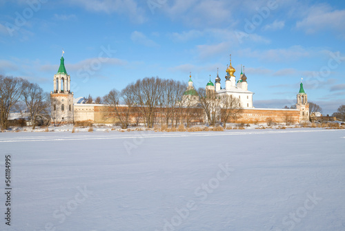 View of the ancient Spaso-Yakovlevsky Dmitriev Monastery on a sunny January day. Rostov, Golden Ring of Russia