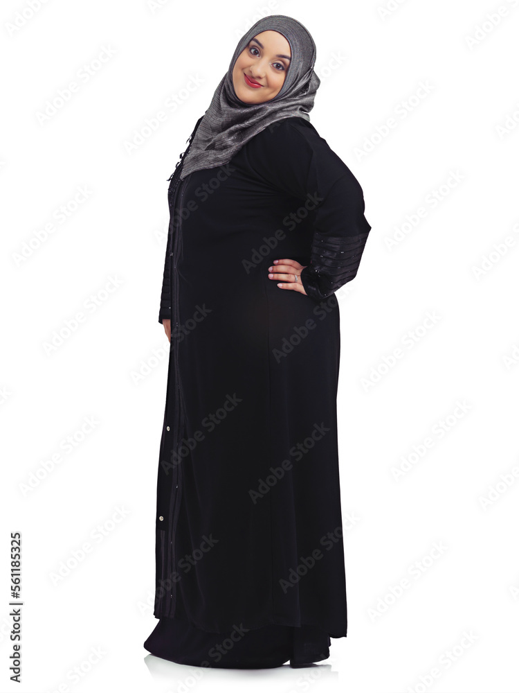 Fashion, Muslim and portrait of woman on a white background with confidence, elegance and happy attitude. Culture, religion and female isolated in studio with Islamic, cultural and Arabian clothes Fashion, Muslim and portrait of woman on a white background with confidence, elegance and happy attitude. Culture, religion and female isolated in studio with Islamic, cultural and Arabian clothes
