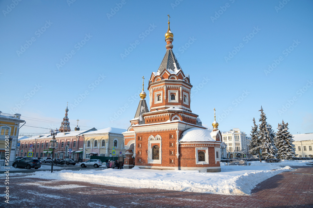 View of the chapel of St. Alexander Nevsky (1892) on a sunny January day. . Yaroslavl, Golden Ring of Russia