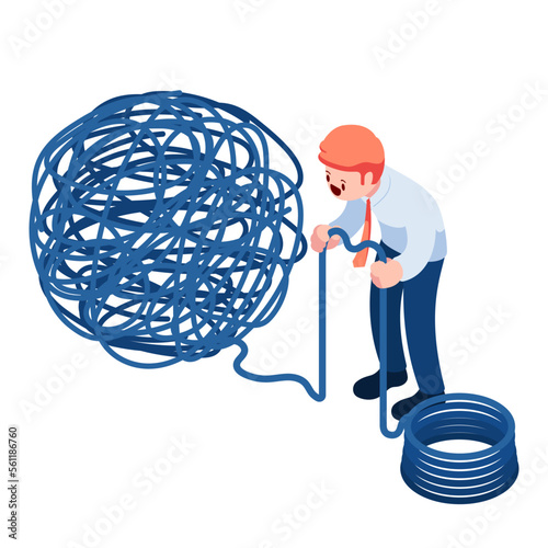 Isometric Businessman Trying to Organize Tangled Line