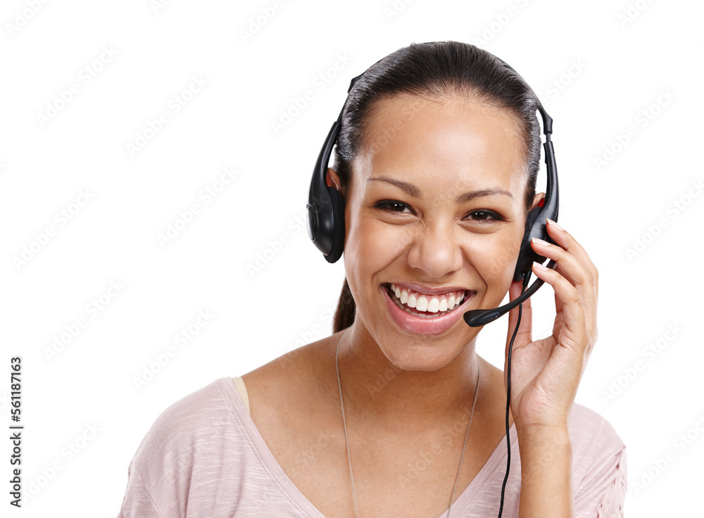 Woman, portrait and call center worker in studio, headset with CRM with customer service isolated on white background. Contact us, telemarketing with tech support, customer care and employee smile Woman, portrait and call center worker in studio, headset with CRM with customer service isolated on white background. Contact us, telemarketing with tech support, customer care and employee smile