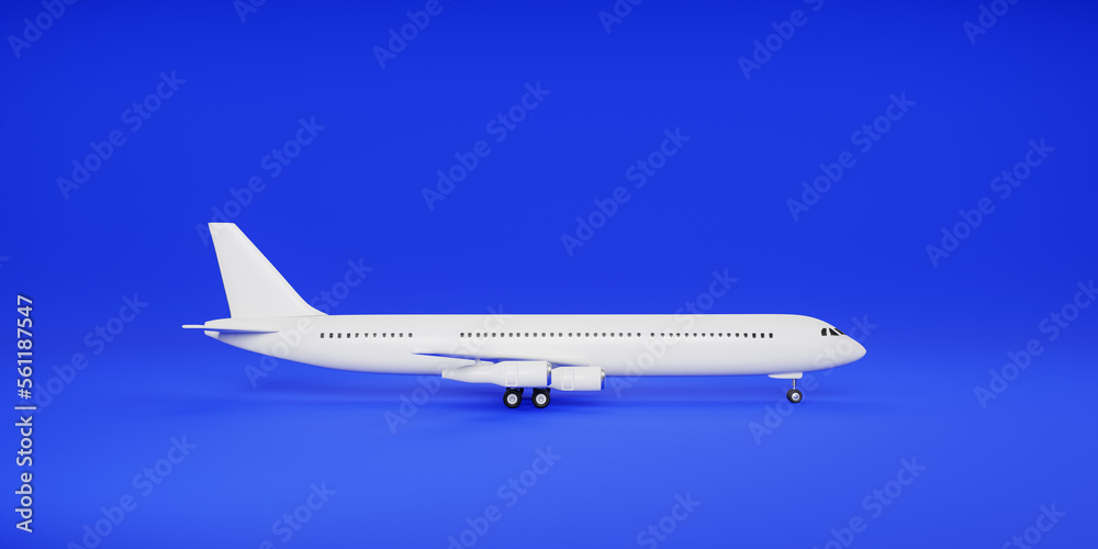 view side Airplane on blue background. 3d rendering