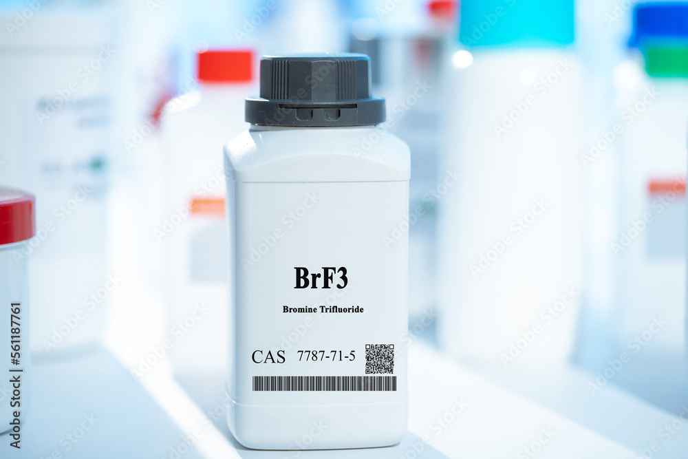 BrF3 bromine trifluoride CAS 7787-71-5 chemical substance in white plastic laboratory packaging - obrazy, fototapety, plakaty 