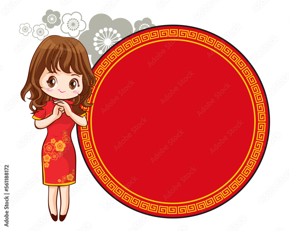 Pretty Chinese girl in mandarin gown with Chinese new year festival with space frame Pretty Chinese girl in mandarin gown with Chinese new year festival with space frame