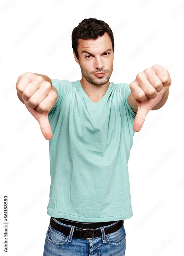 Fototapeta premium Thumbs down, man and studio portrait, white background and isolated for wrong sign, poor review or body language. Disappointed guy, hands and bad opinion, rejection emoji and hate feedback of failure