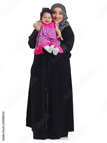 Islam, body portrait of mother and baby, proud mama happy in hijab and isolated on white background. Love, family and growth, muslim woman with toddler daughter and Islamic culture in studio in Egypt