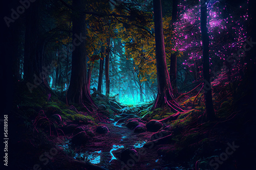 Fantasy forest landscape  neon colors  magical lights in the forest. Generative ai.