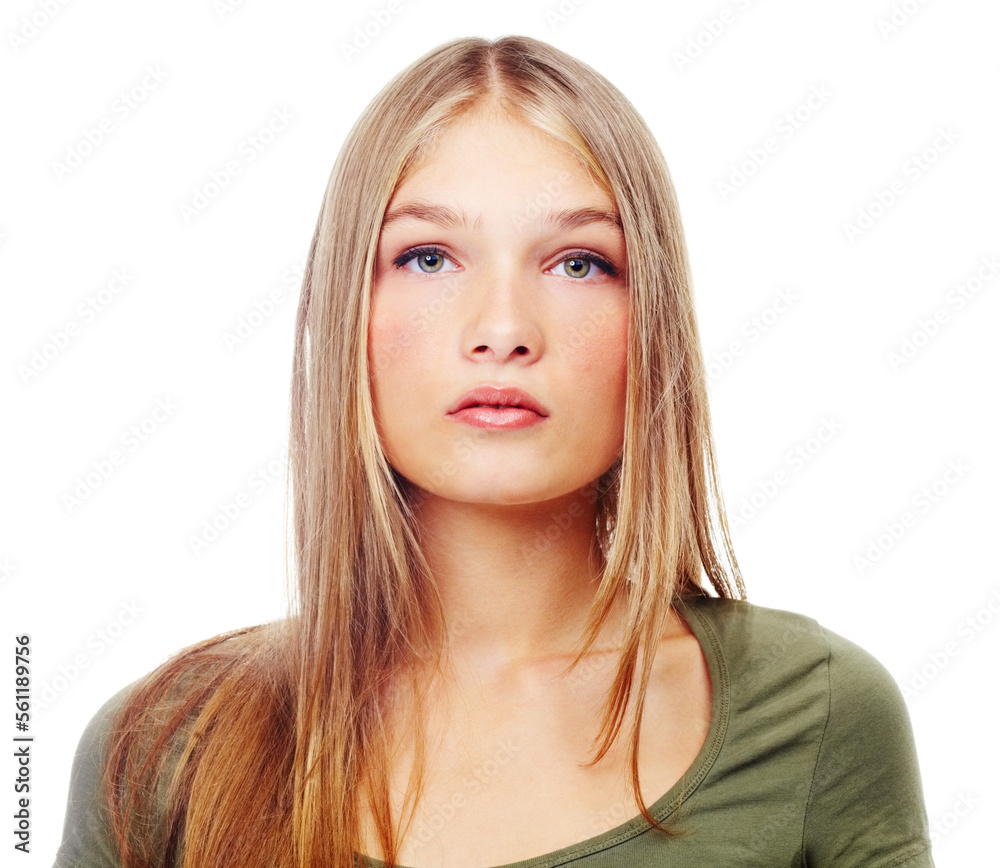Beautiful, portrait and teenage model in studio with green eyes doing serious, confident and natural pose. Beauty, headshot and face of a young girl model posing while isolated by white background. Beautiful, portrait and teenage model in studio with green eyes doing serious, confident and natural pose. Beauty, headshot and face of a young girl model posing while isolated by white background.