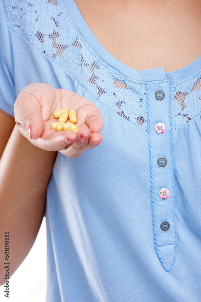 Φωτογραφία Hand, medicine and pills with a woman in studio for healthcare, prescription medication or treatment