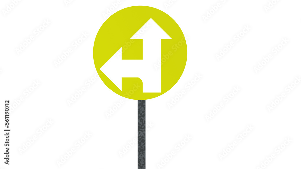 Mandatory straight or left turn, traffic lane route direction sign pointer road sign, choice concept, white arrow icon and frame road sign, gray pole. Mandatory straight or left turn, traffic lane route direction sign pointer road sign, choice concept, white arrow icon and frame road sign, gray pole.