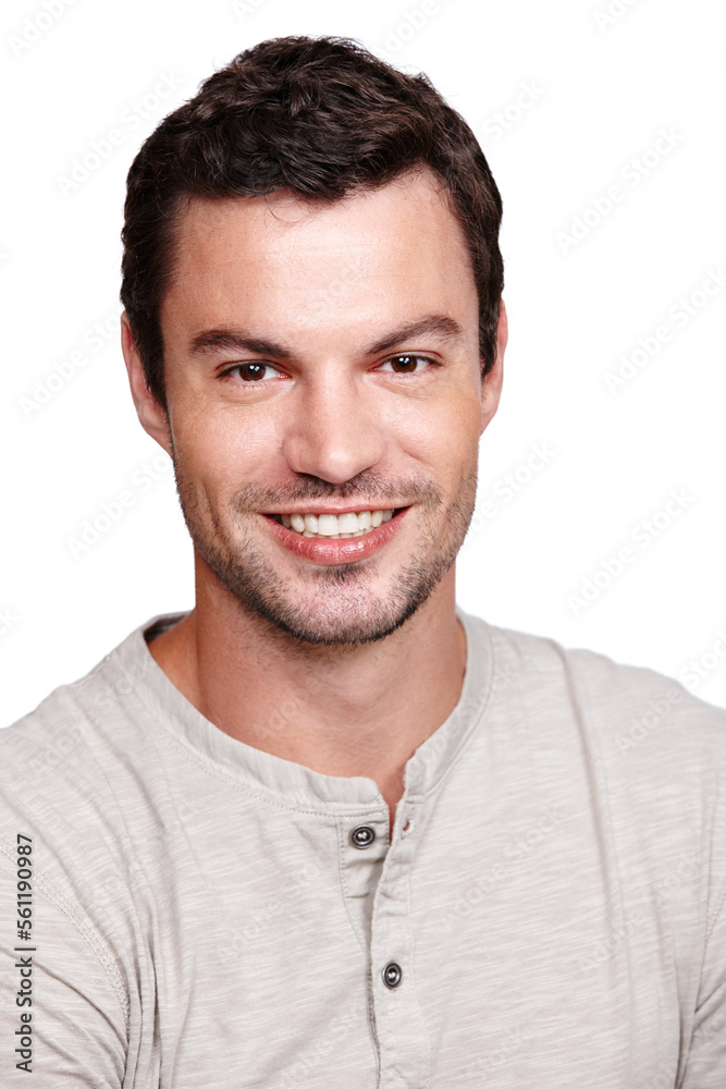 Obraz premium Portrait, face and happy with a man model in studio isolated on a white background for product placement. Marketing, advertising or fashion with a handsome young male posing to promote on blank space