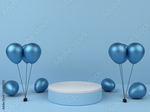 3D minimalist blue podium with blue metallic balloons for product display. Background with balloons and empty podium. 3D render. © Hartono