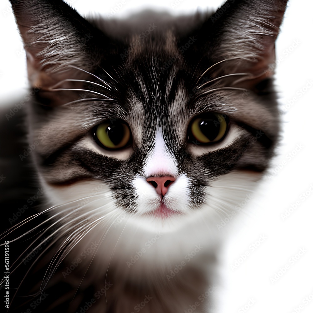 close-up cat portrait, big eyes, white background, domestic cat
