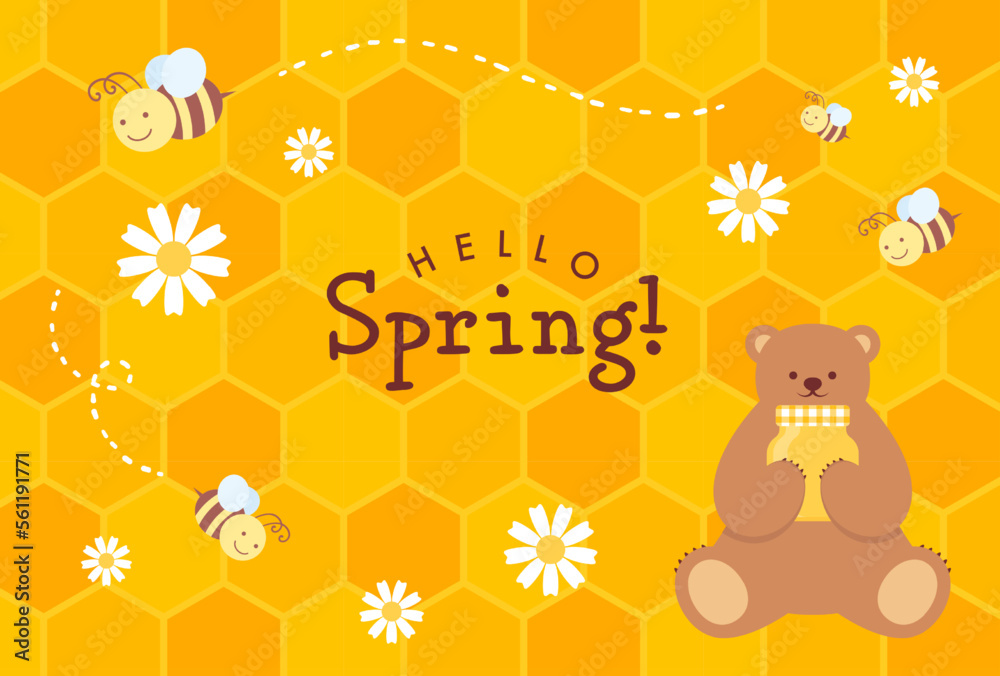 Fototapeta premium vector background with a set of honey, bear, bees, honeycomb and flowers for banners, cards, flyers, social media wallpapers, etc.