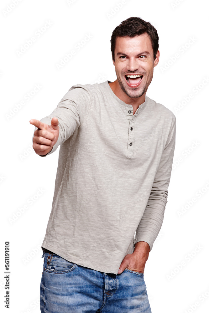 Wow, man and pointing hand in direction with excited, curious and surprise expression. Happy smile of handsome model thinking of ideas with excited focus at isolated white background. Wow, man and pointing hand in direction with excited, curious and surprise expression. Happy smile of handsome model thinking of ideas with excited focus at isolated white background.