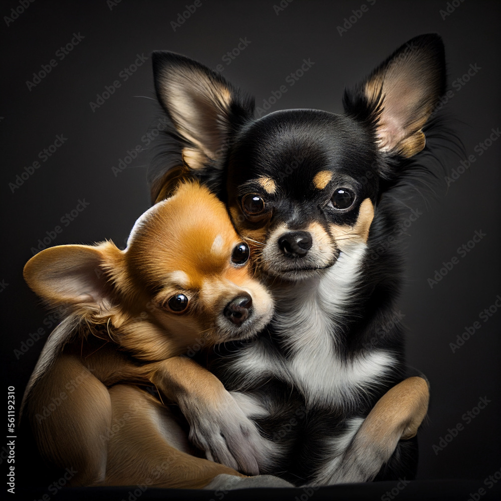 two chihuahua dogs laying together snuggling, valentine's day celebration of love, generative ai