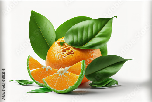 Freshly peeled jeruk kupas, a green orange tangerine, with leaves, isolated on a white backdrop. Generative AI photo