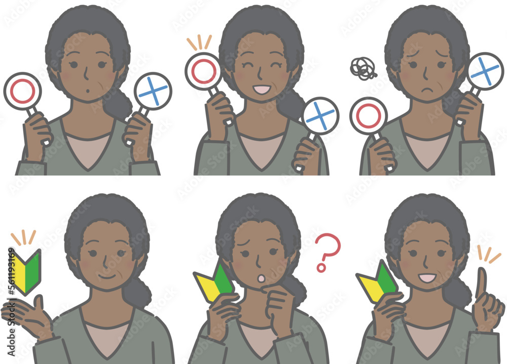 〇✕マークや初心者マークを持つ、中年の黒人女性