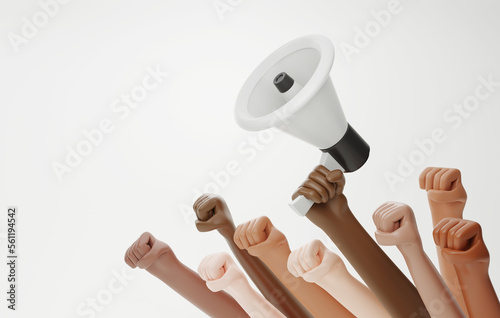 Foto Multiethnic people raising their fists and hold megaphones