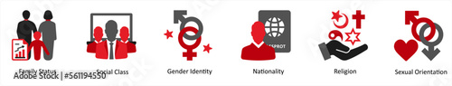 Six gender icons in red and black as family status, social class, gender identity photo
