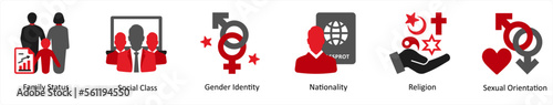 Six gender icons in red and black as family status, social class, gender identity