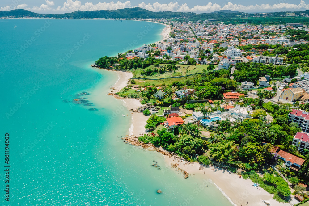 Tropical holiday beach with turquoise sea in Brazil. Aerial view