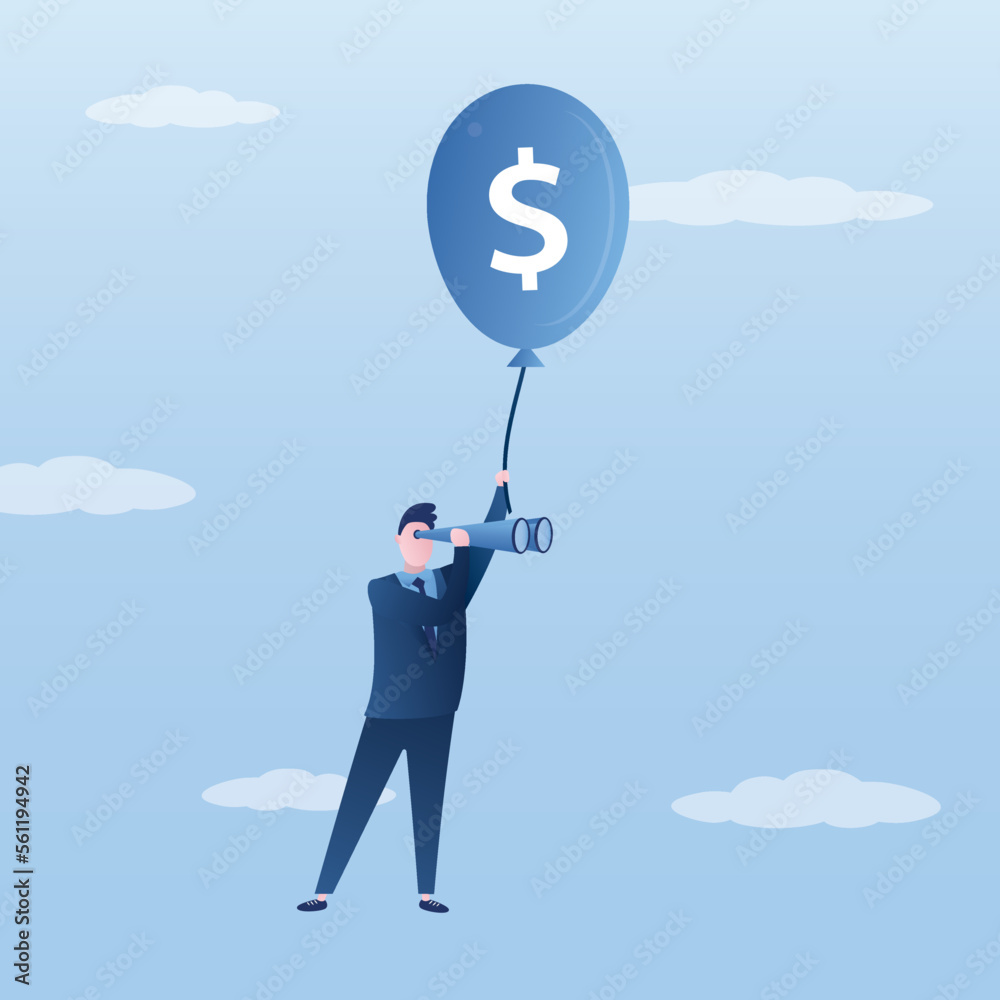 Smart businessman flying with balloon and using binoculars to future vision and brainstorming. Inflation forecast and economic analysis for investment opportunity, searching new market concep Smart businessman flying with balloon and using binoculars to future vision and brainstorming. Inflation forecast and economic analysis for investment opportunity, searching new market concep