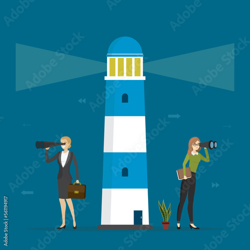 Smart women entrepreneur looking binoculars for search ways to success, profit, lighthouse points right path. Business vision, competition, foresight, strategic analysis concept.
