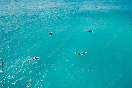 Surfers on surfboards in transparent ocean waiting wave. Aerial view