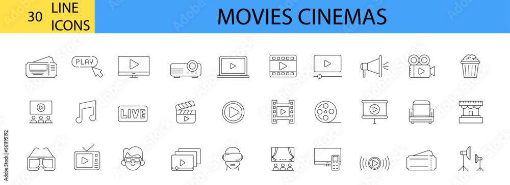 Cinema movies line icon set. Cinema, TV, Popcorn, Video Clip Cinema movies line icon set. Cinema, TV, Popcorn, Video Clip