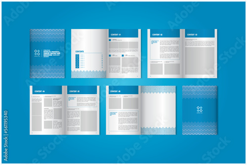 Multi-page design template layout with blue theme color and has 8 pages. Template layout of book, annual report, proposal, magazine and brochure.